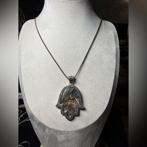 Samuel B. Hamsa Abalone Shell Necklace — Iridescent Blue-Green